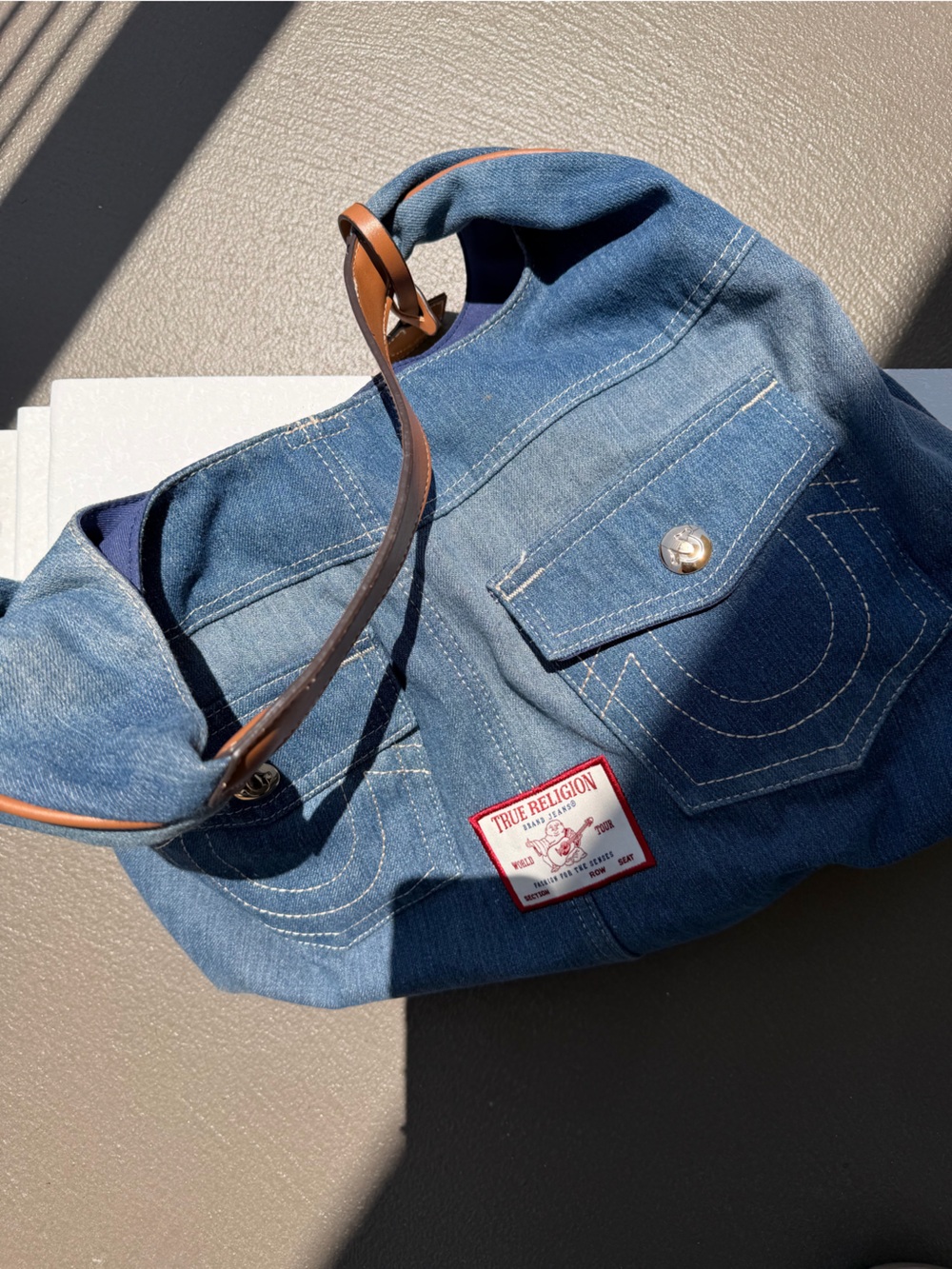 True Religion Blue Denim Tote with Brown Strap